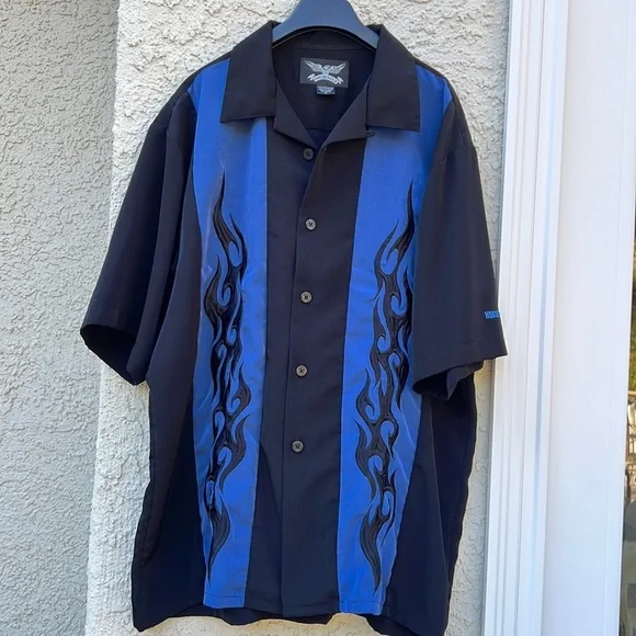 House of Blues Black/Blue Embroidered Flame Button up Men's Shirt Size XL - Picture 1 of 7